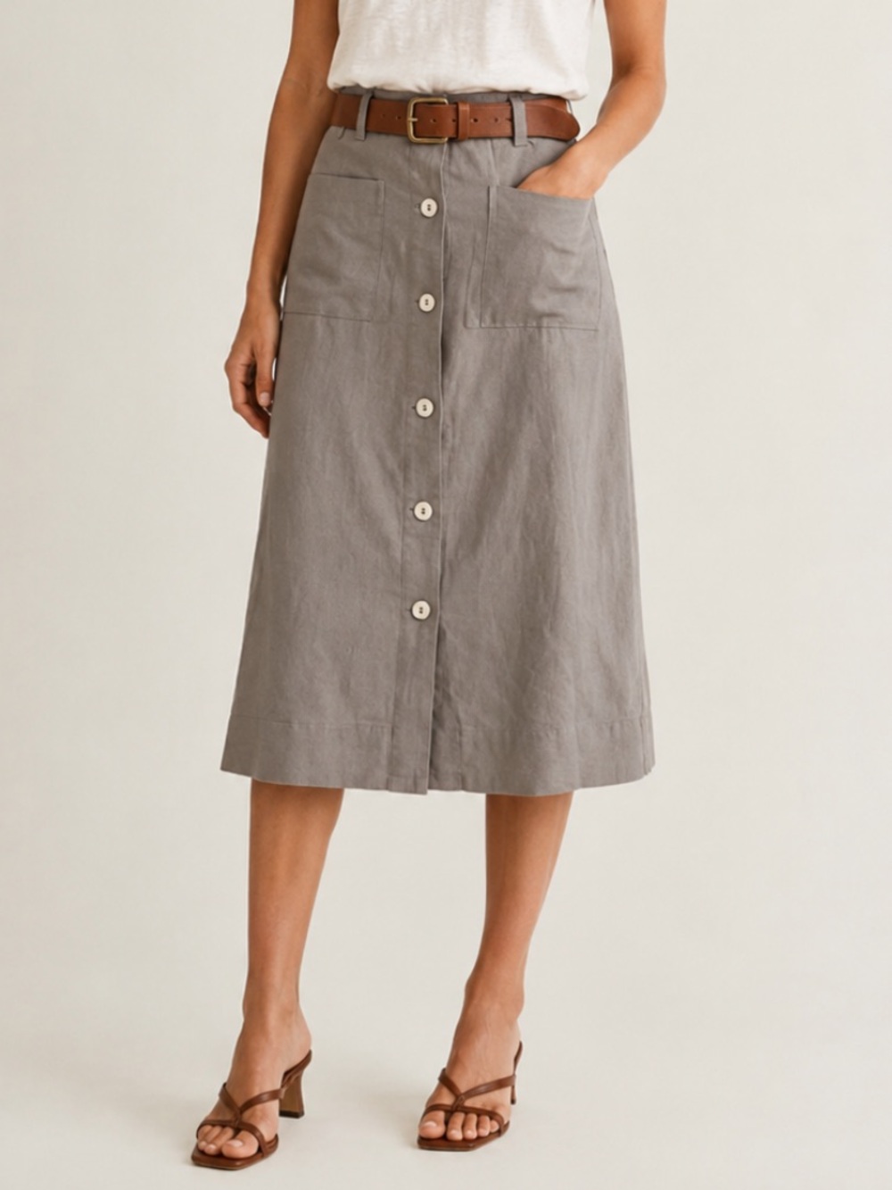 MANGO Linen Midi Skirt Button Down A-Line Taupe XXS